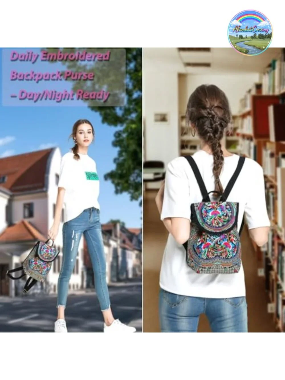 Embroidered Boho Mini Backpack Purse Water-Resistant Canvas Travel Daypack
